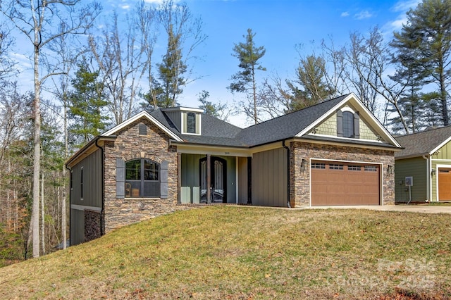 craftsman inspired home featuring driveway, stone siding, an attached garage, a front lawn, and board and batten siding