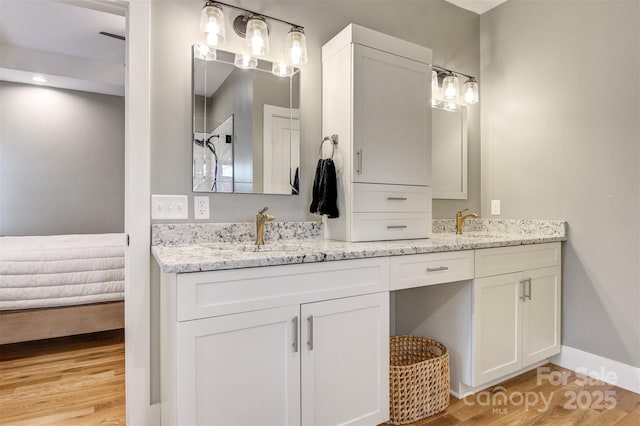 full bathroom featuring double vanity, a sink, and wood finished floors