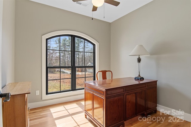 office space with ceiling fan, baseboards, visible vents, and light wood-style floors