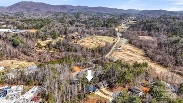 drone / aerial view featuring a forest view and a mountain view