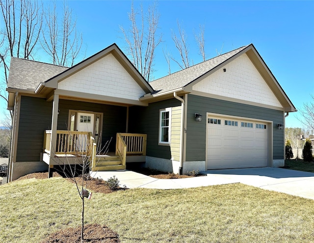 ranch-style house featuring driveway, a front lawn, a porch, roof with shingles, and an attached garage