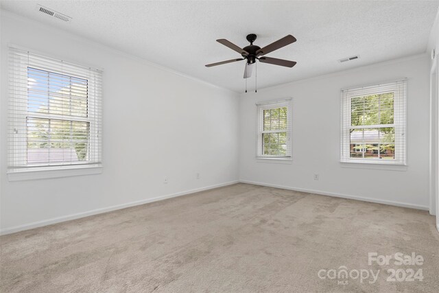 carpeted empty room with ceiling fan, a textured ceiling, and crown molding