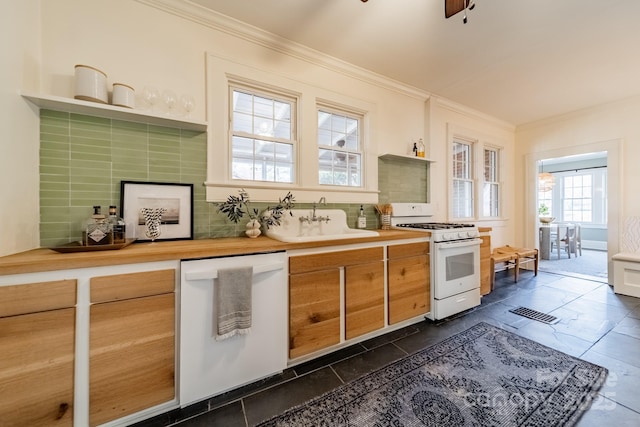 kitchen featuring white appliances, crown molding, sink, decorative backsplash, and ceiling fan