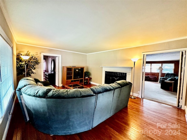 living room featuring hardwood / wood-style flooring and ornamental molding