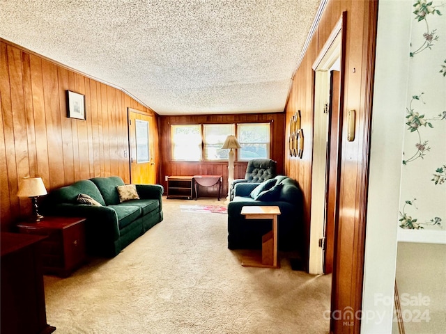 carpeted living room with a textured ceiling and wood walls