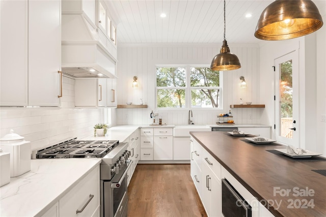 kitchen with white cabinets, premium range hood, sink, high end stainless steel range oven, and dark stone countertops