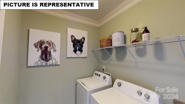 clothes washing area with washing machine and dryer and crown molding