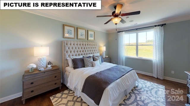 bedroom featuring ceiling fan, crown molding, and dark wood-type flooring