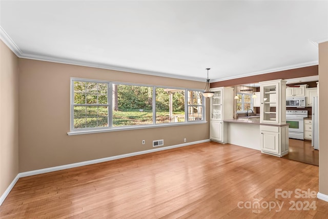 unfurnished living room featuring a wealth of natural light, sink, ornamental molding, and light wood-type flooring