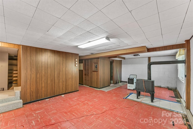 basement with a wood stove and wooden walls