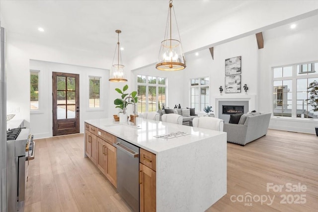 kitchen with pendant lighting, sink, light hardwood / wood-style flooring, stainless steel appliances, and a center island with sink