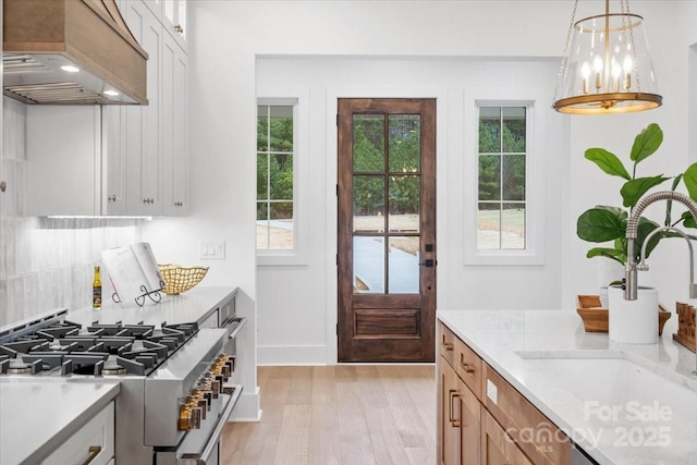 kitchen featuring pendant lighting, tasteful backsplash, sink, custom exhaust hood, and high end stainless steel range