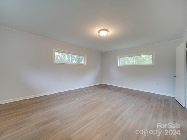 spare room featuring light hardwood / wood-style floors, a healthy amount of sunlight, and crown molding