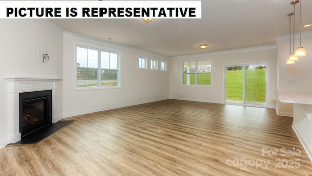 unfurnished living room featuring ornamental molding and light hardwood / wood-style floors