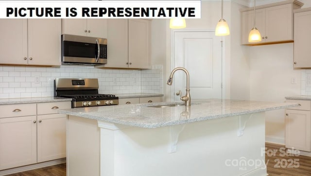 kitchen with a kitchen island with sink, sink, light stone countertops, and appliances with stainless steel finishes