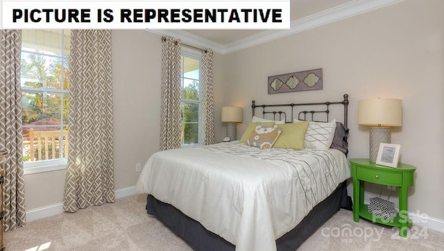 bedroom featuring carpet floors and ornamental molding