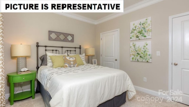 bedroom featuring ornamental molding and light carpet