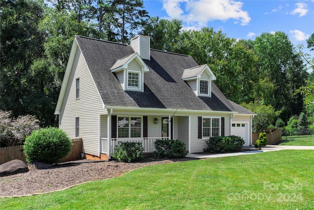 cape cod-style house with a front lawn and covered porch