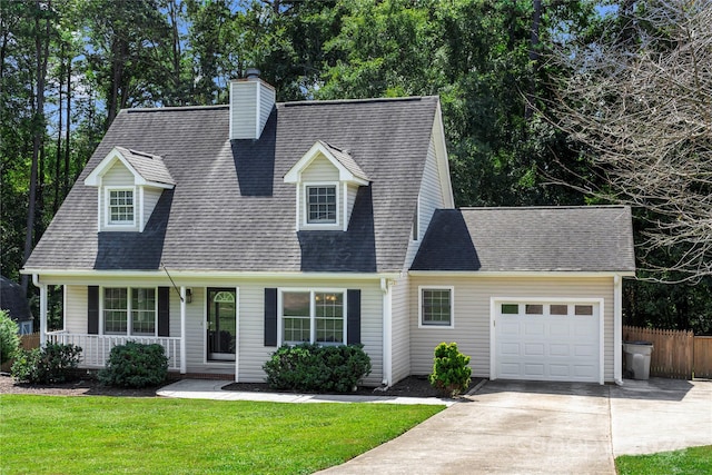 cape cod house with a garage, a front lawn, and covered porch