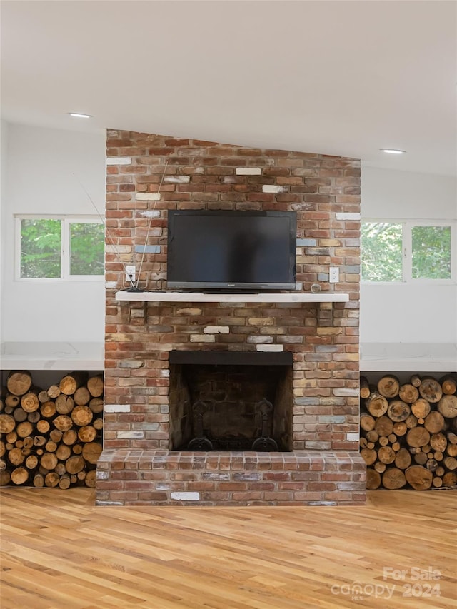 details featuring a brick fireplace and wood-type flooring