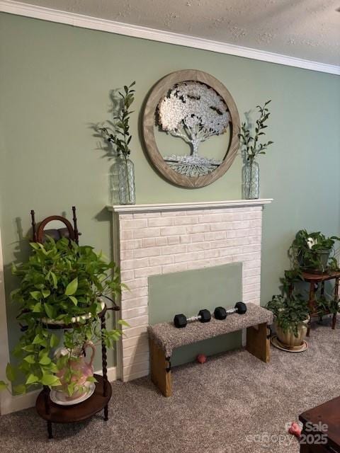 interior space with ornamental molding, carpet, a fireplace, and a textured ceiling