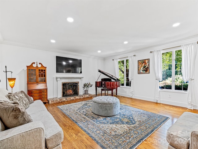 living room featuring a fireplace, light wood-type flooring, and ornamental molding