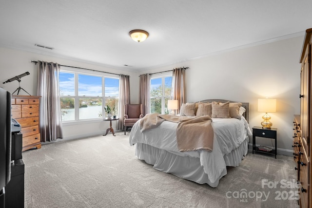 bedroom featuring carpet, multiple windows, and a water view