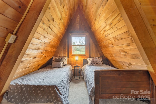 bedroom featuring carpet flooring, lofted ceiling, wooden ceiling, and wooden walls