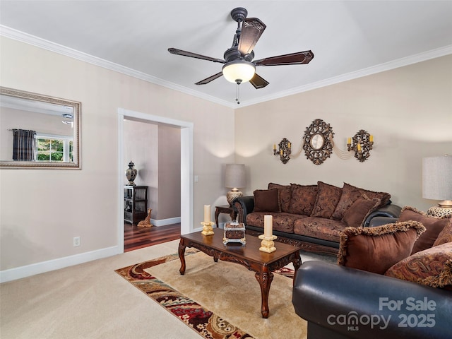 living room with light carpet, ceiling fan, and ornamental molding