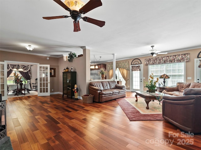 living room featuring hardwood / wood-style floors, ceiling fan with notable chandelier, and crown molding