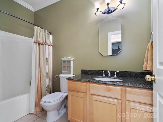 full bathroom featuring tile patterned flooring, shower / bath combination with curtain, toilet, vanity, and ornamental molding