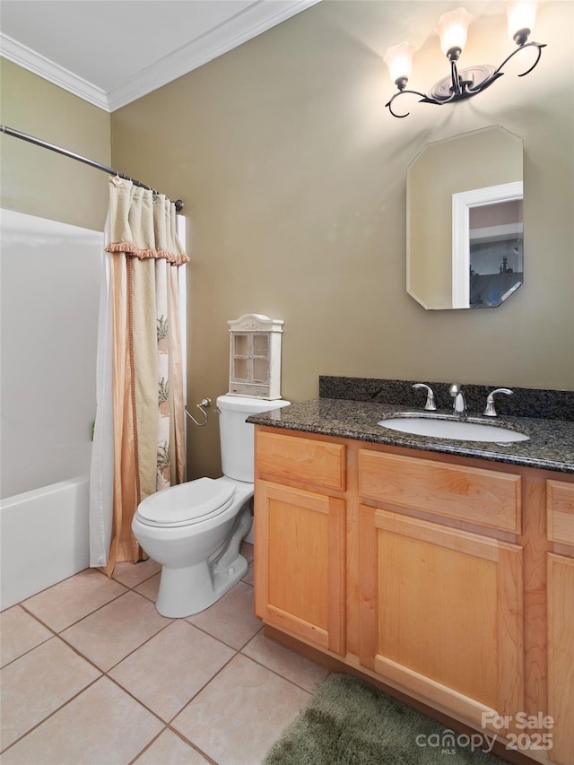 full bathroom featuring vanity, tile patterned floors, crown molding, shower / tub combo with curtain, and a notable chandelier