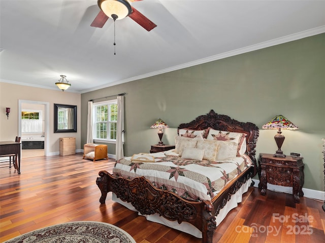 bedroom with hardwood / wood-style floors, ceiling fan, and ornamental molding