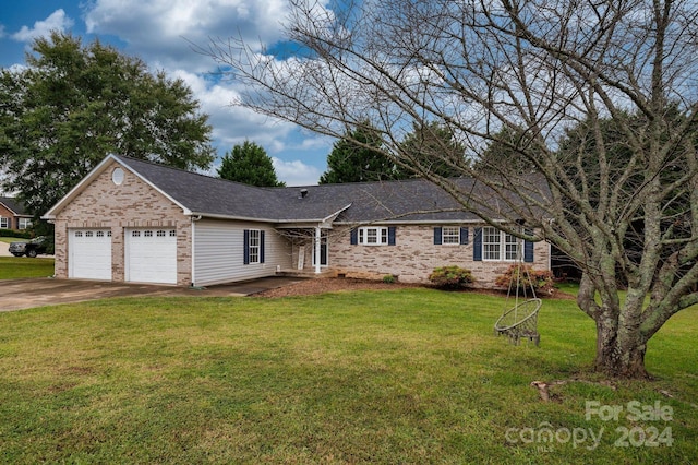 single story home with a front yard and a garage