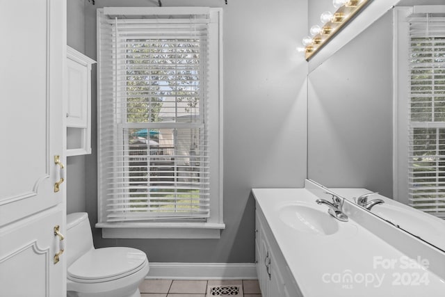 bathroom featuring vanity, tile patterned flooring, and toilet