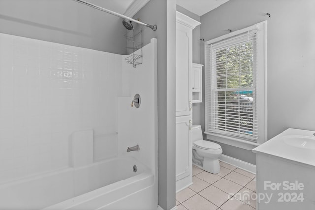 full bathroom featuring vanity, tile patterned floors, tiled shower / bath, and toilet