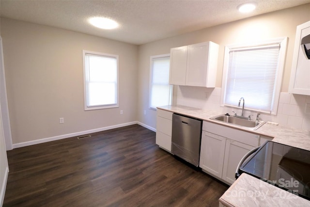 kitchen with sink, white cabinets, dishwasher, dark hardwood / wood-style flooring, and electric stove