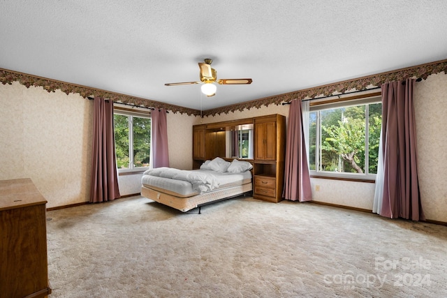 bedroom featuring ceiling fan, a textured ceiling, and multiple windows