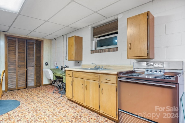 kitchen with sink, a drop ceiling, and stainless steel range with electric stovetop