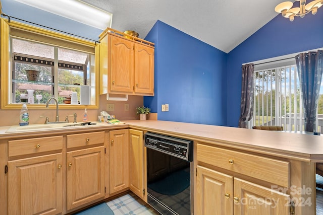 kitchen featuring plenty of natural light, dishwasher, kitchen peninsula, and sink