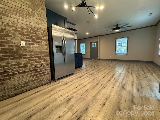 kitchen with stainless steel refrigerator with ice dispenser, crown molding, ceiling fan, and light hardwood / wood-style flooring