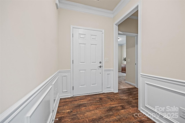 hall featuring crown molding, a decorative wall, dark wood-style flooring, and wainscoting