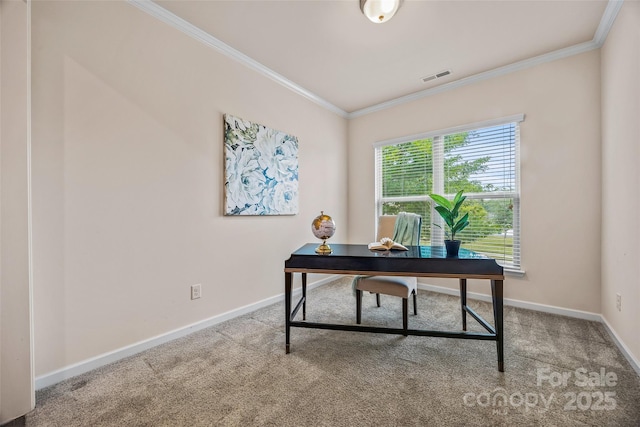 carpeted office space with visible vents, baseboards, and ornamental molding