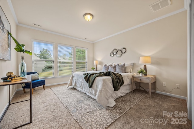 bedroom featuring visible vents, carpet floors, baseboards, and crown molding