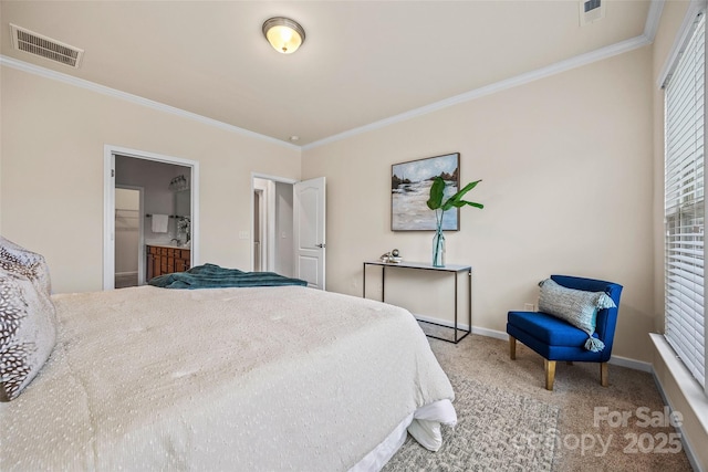 carpeted bedroom with visible vents, baseboards, and ornamental molding