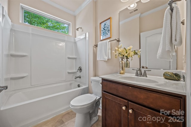 bathroom with vanity, visible vents, shower / bathing tub combination, crown molding, and toilet