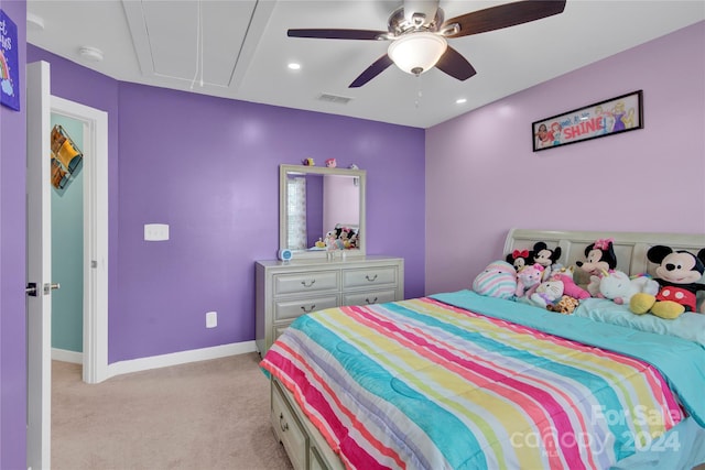 bedroom with ceiling fan and light colored carpet