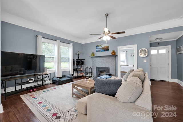 living room with a fireplace, crown molding, ceiling fan, and dark wood-type flooring