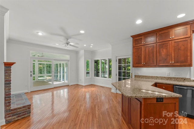 kitchen featuring ceiling fan, dishwasher, light hardwood / wood-style floors, and a healthy amount of sunlight