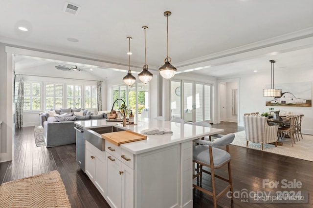 kitchen featuring dark hardwood / wood-style floors, hanging light fixtures, sink, and an island with sink